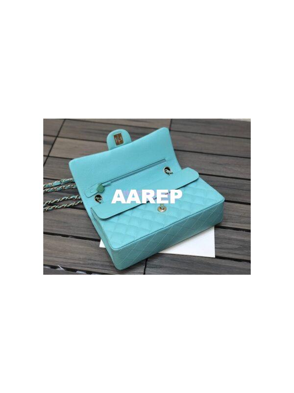 Replica Chanel Medium Classic Double Flap Bag Quilted Caviar Light Gold Hardware Tiffany Blue 6