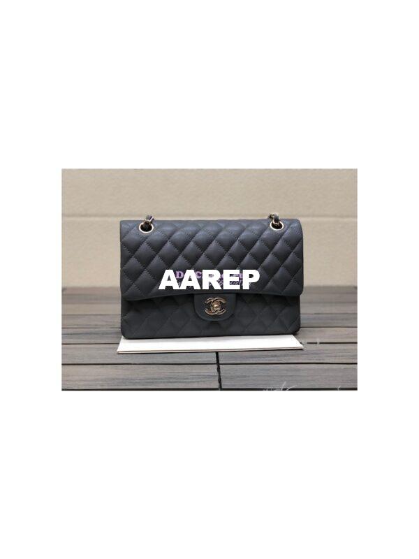 Replica Chanel Medium Classic Double Flap Bag Quilted Caviar Light Gold Hardware Dark Grey