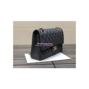 Replica Chanel Medium Classic Double Flap Bag Quilted Caviar Light Gold Hardware Dark Grey 2