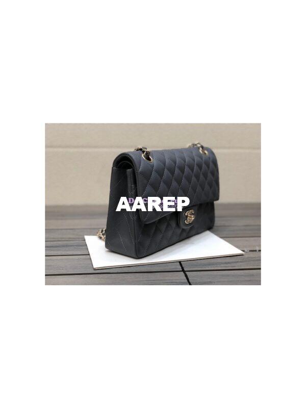 Replica Chanel Medium Classic Double Flap Bag Quilted Caviar Light Gold Hardware Dark Grey 2