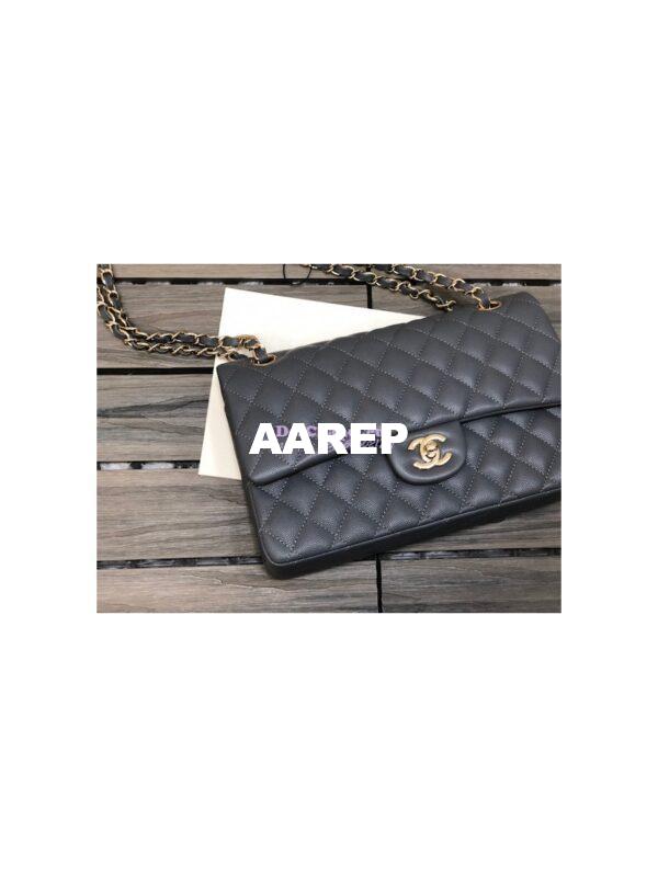 Replica Chanel Medium Classic Double Flap Bag Quilted Caviar Light Gold Hardware Dark Grey 3