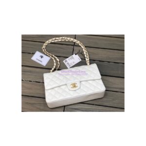 Replica Chanel Medium Classic Double Flap Bag Quilted Caviar Light Gold Hardware White