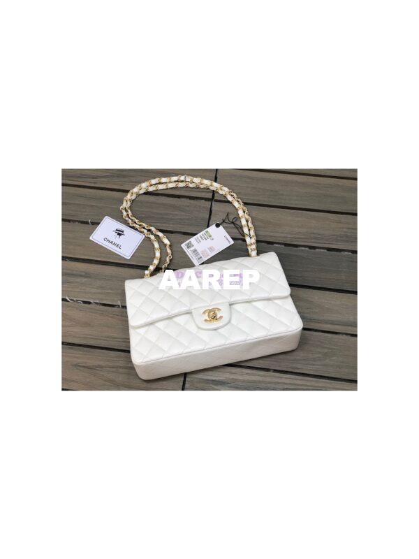 Replica Chanel Medium Classic Double Flap Bag Quilted Caviar Light Gold Hardware White