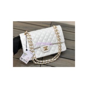 Replica Chanel Medium Classic Double Flap Bag Quilted Caviar Light Gold Hardware White 2