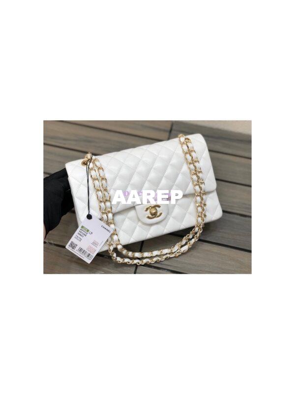 Replica Chanel Medium Classic Double Flap Bag Quilted Caviar Light Gold Hardware White 2