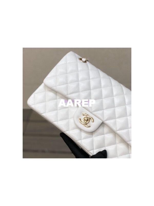 Replica Chanel Medium Classic Double Flap Bag Quilted Caviar Light Gold Hardware White 3