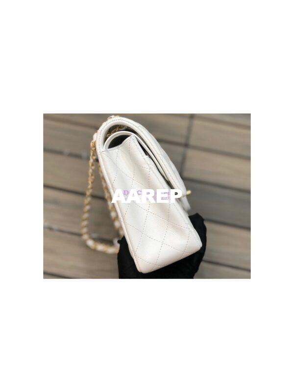 Replica Chanel Medium Classic Double Flap Bag Quilted Caviar Light Gold Hardware White 5