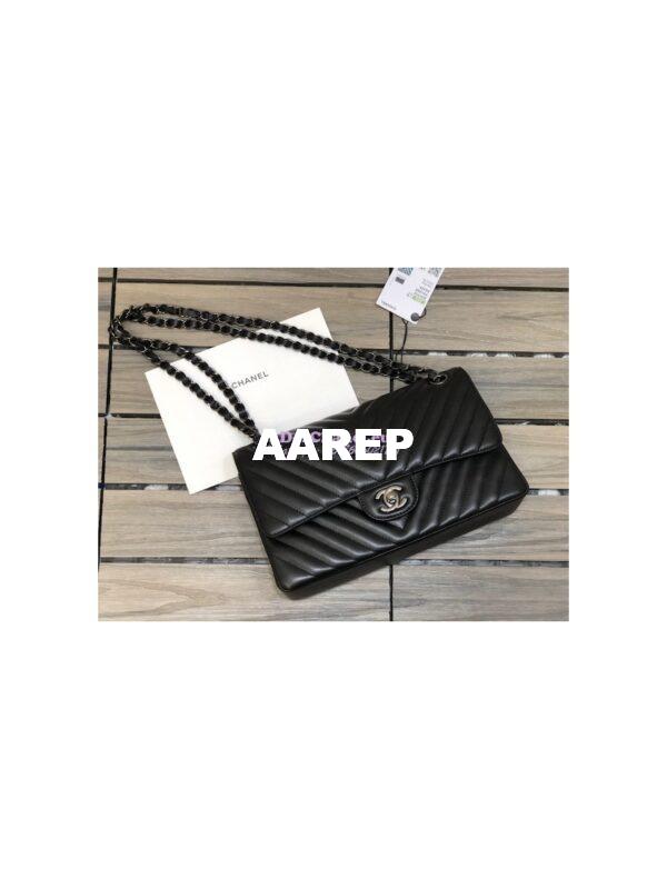 Replica Chanel Chevron Classic Flap CF 25cm in black Lambskin Bag Gun Metal 3