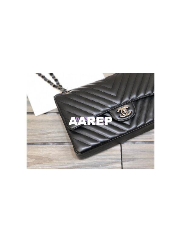 Replica Chanel Chevron Classic Flap CF 25cm in black Lambskin Bag Gun Metal 4