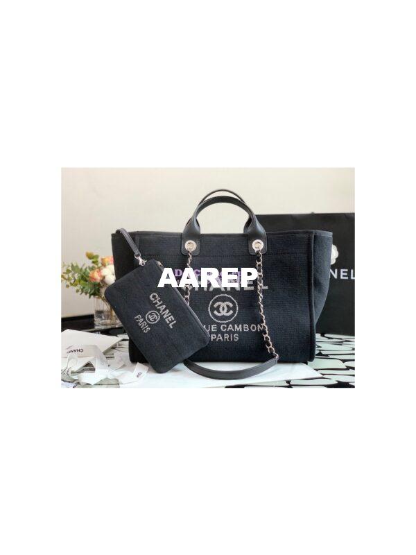 Replica Chanel Large Tote 2 in 1 Mixed Fibers & Woolen Deauville Bag A66941 Black 3