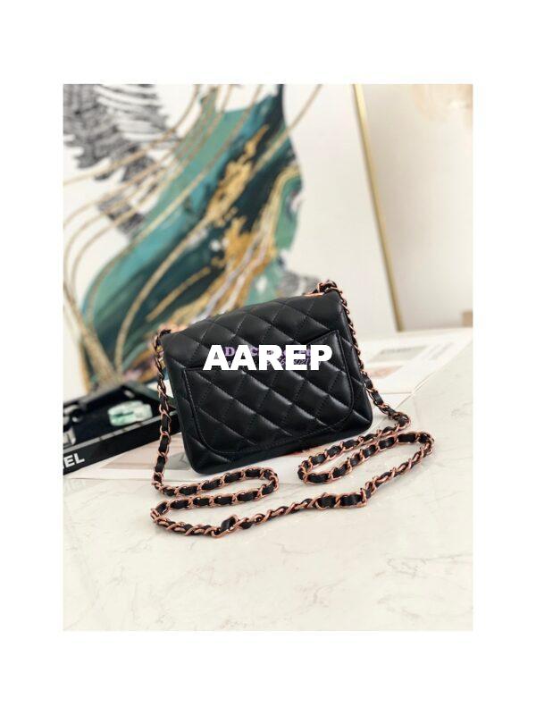 Replica Chanel Quilted Mini Classic Flap Black Lambskin Bag with Pink Gold Hardware 11