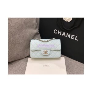 Replica Chanel Quilted Small Classic Flap 20cm Bag Tiny Grainy Caviar with Edge Stitching Light Blue 2