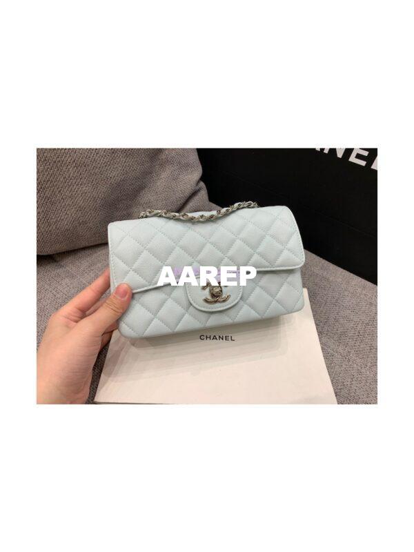 Replica Chanel Quilted Small Classic Flap 20cm Bag Tiny Grainy Caviar with Edge Stitching Light Blue 5