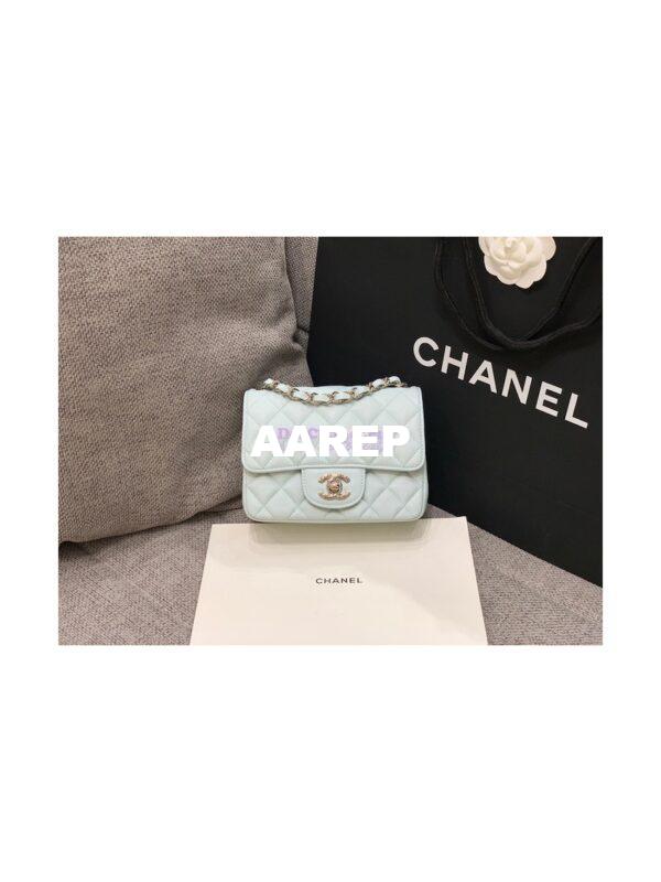 Replica Chanel Quilted Mini Classic Flap Bag Tiny Grainy Caviar with Edge Stitching Light Blue 4