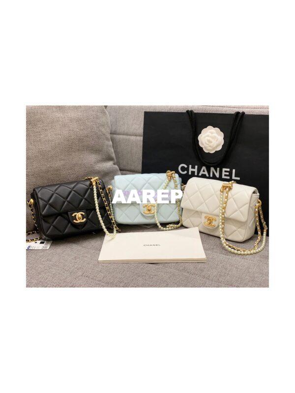 Replica Chanel Mini Flap Bag in Lambskin with Pearls Chain AS2855 White 3