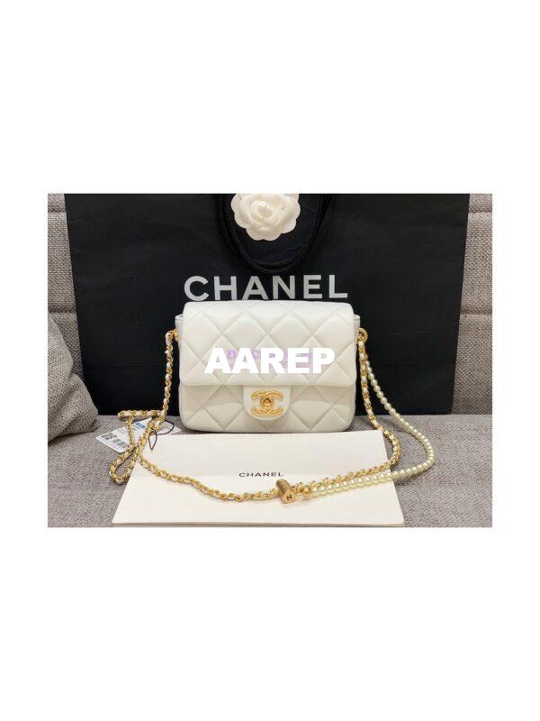 Replica Chanel Mini Flap Bag in Lambskin with Pearls Chain AS2855 White 4