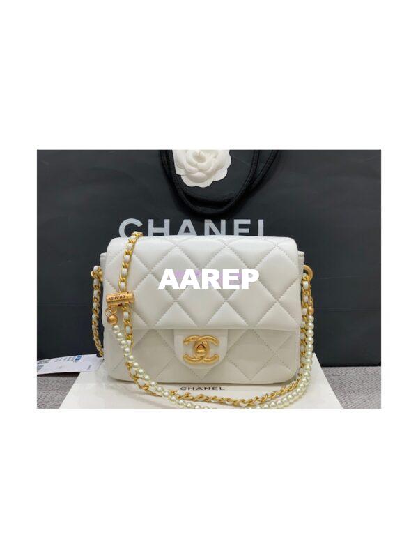 Replica Chanel Mini Flap Bag in Lambskin with Pearls Chain AS2855 White 5