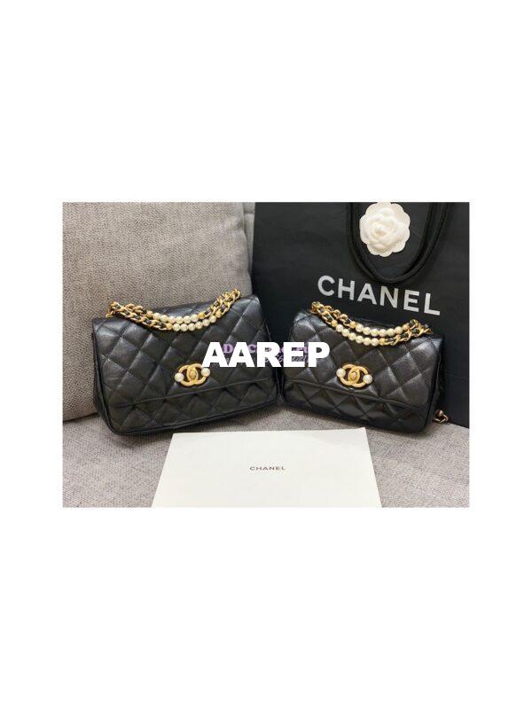 Replica Chanel Mini Pearl Flap Bag AS3000 AS3001 in Black Calfskin