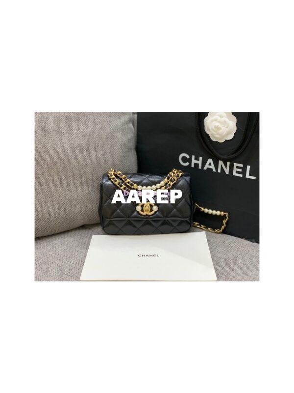 Replica Chanel Mini Pearl Flap Bag AS3000 AS3001 in Black Calfskin 2