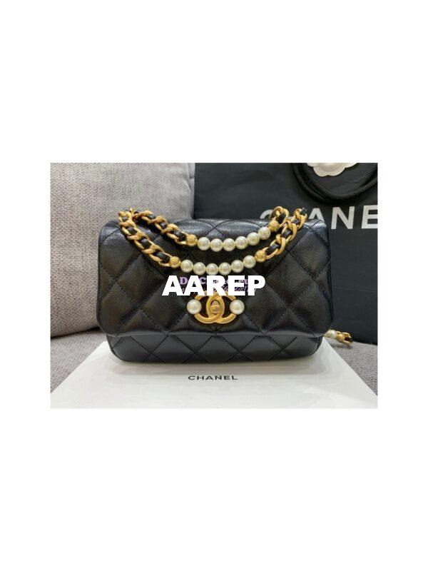 Replica Chanel Mini Pearl Flap Bag AS3000 AS3001 in Black Calfskin 3