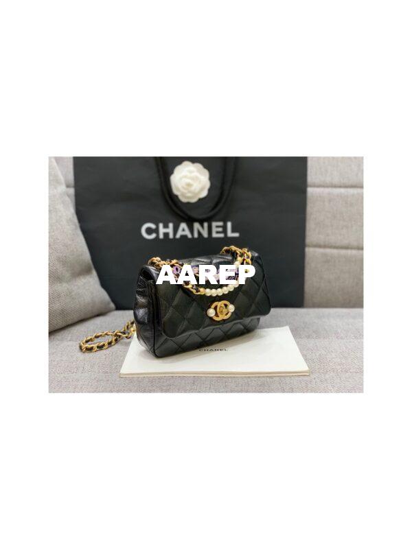 Replica Chanel Mini Pearl Flap Bag AS3000 AS3001 in Black Calfskin 4