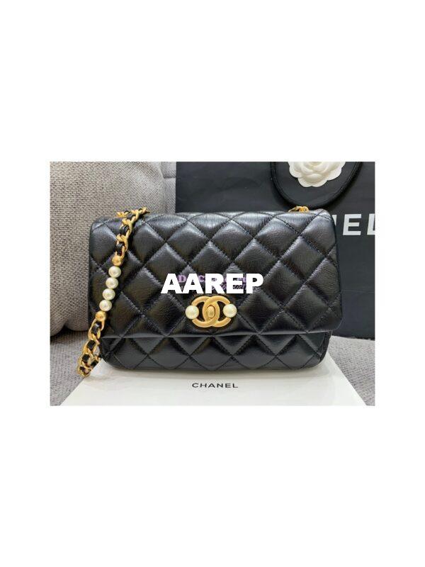 Replica Chanel Mini Pearl Flap Bag AS3000 AS3001 in Black Calfskin 11
