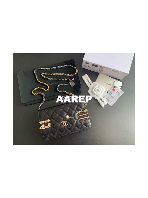 Replica Chanel 22K Symbolic Wallet On Chain WOC Lambskin AP2508 Black 4