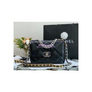 Replica Chanel 19 Small Flap Bag AS1160 Lambskin Black Silver 2