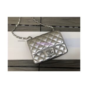 Replica Chanel Quilted Mini Classic Flap CF Bag Metallic Lambskin Silver 17cm