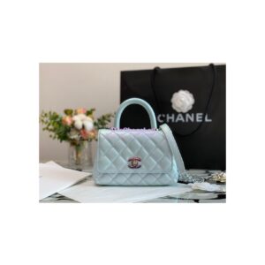 Replica Chanel Mini Coco Flap Bag with Top Handle in Iridescent Grained Calfskin with Shining Gold Hardware AS2215 Light Blue (Limited)
