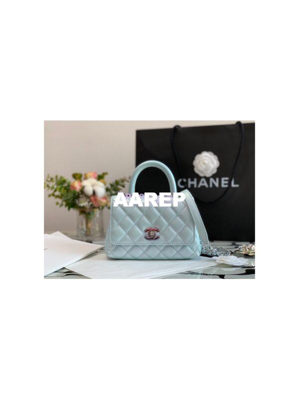 Replica Chanel Mini Coco Flap Bag with Top Handle in Iridescent Grained Calfskin with Shining Gold Hardware AS2215 Light Blue (Limited) 3