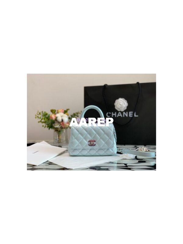 Replica Chanel Mini Coco Flap Bag with Top Handle in Iridescent Grained Calfskin with Shining Gold Hardware AS2215 Light Blue (Limited) 4