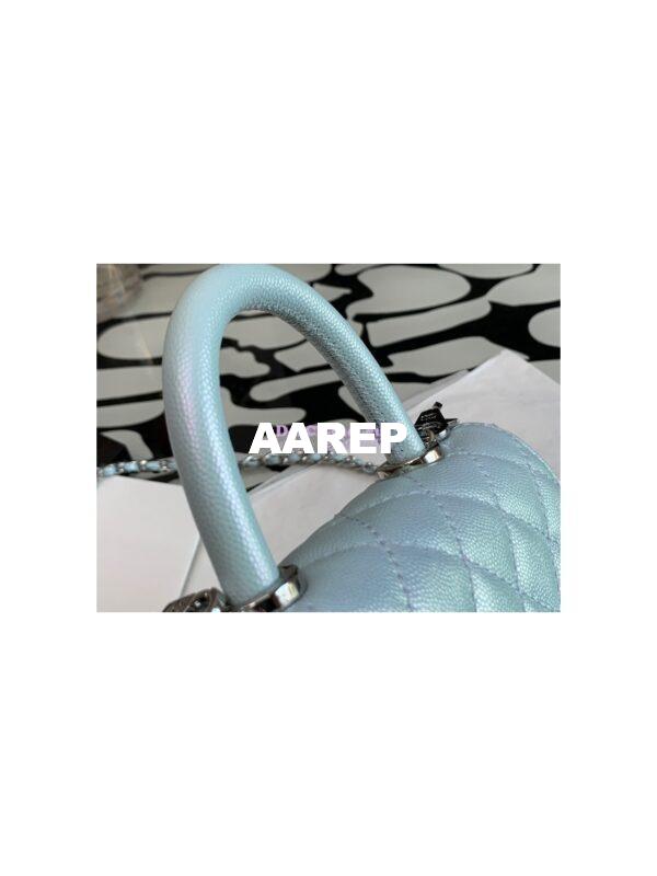 Replica Chanel Mini Coco Flap Bag with Top Handle in Iridescent Grained Calfskin with Shining Gold Hardware AS2215 Light Blue (Limited) 7