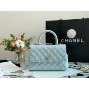 Replica Chanel Coco Flap Bag with Top Handle in Iridescent Grained Calfskin with Shining Gold Hardware 92990 92991 Light Blue (Limited)