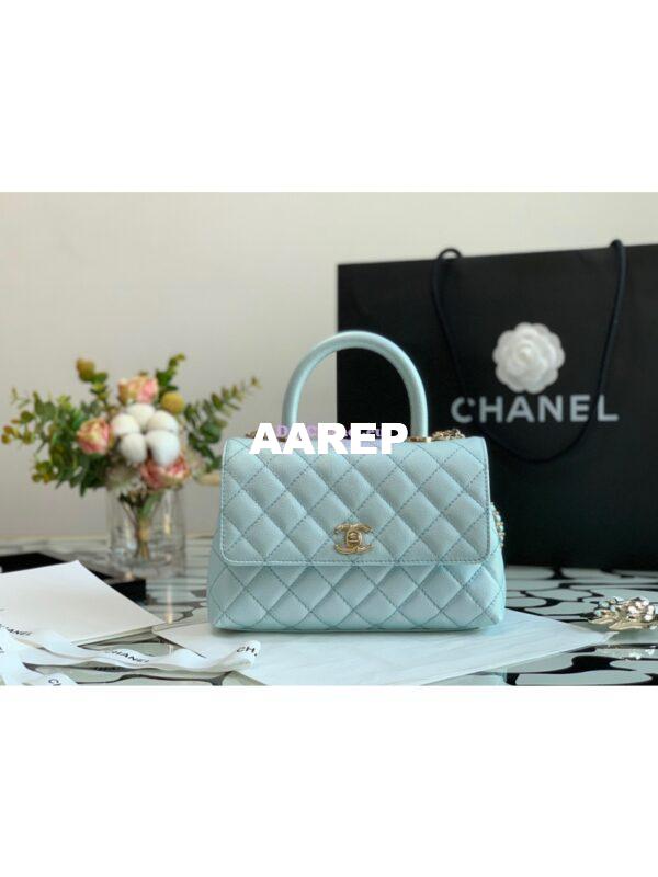 Replica Chanel Coco Flap Bag with Top Handle in Iridescent Grained Calfskin with Shining Gold Hardware 92990 92991 Light Blue (Limited) 3