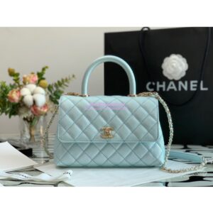 Replica Chanel Coco Flap Bag with Top Handle in Iridescent Grained Calfskin with Shining Gold Hardware 92990 92991 Light Blue (Limited) 2