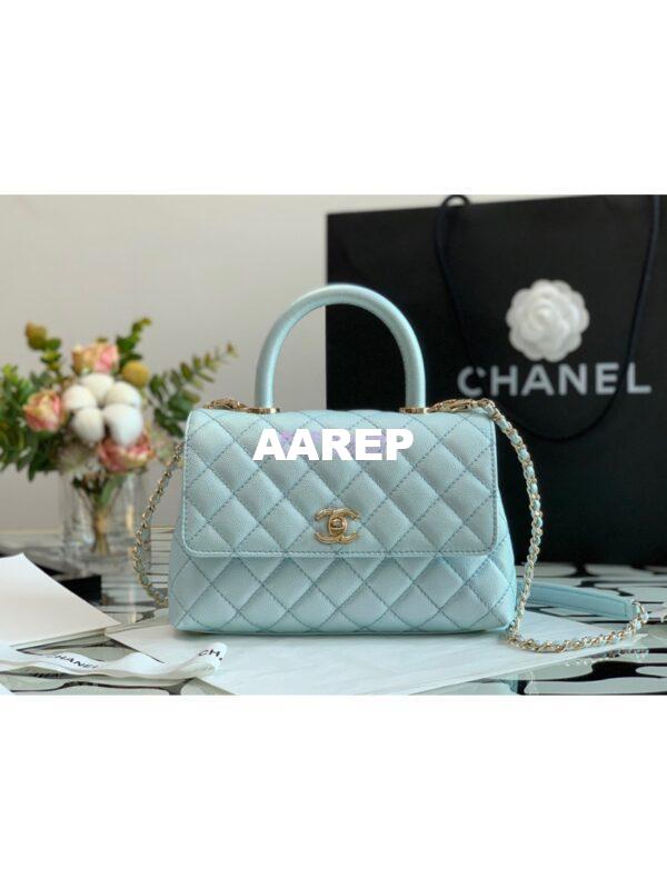 Replica Chanel Coco Flap Bag with Top Handle in Iridescent Grained Calfskin with Shining Gold Hardware 92990 92991 Light Blue (Limited) 4