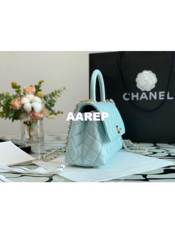 Replica Chanel Coco Flap Bag with Top Handle in Iridescent Grained Calfskin with Shining Gold Hardware 92990 92991 Light Blue (Limited) 5