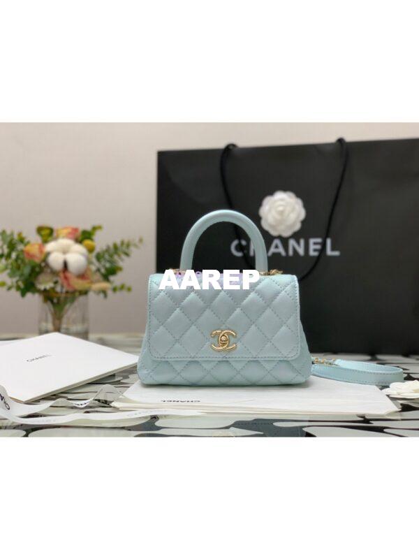 Replica Chanel Coco Flap Bag with Top Handle in Iridescent Grained Calfskin with Shining Gold Hardware 92990 92991 Light Blue (Limited) 11