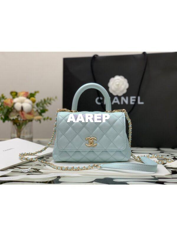 Replica Chanel Coco Flap Bag with Top Handle in Iridescent Grained Calfskin with Shining Gold Hardware 92990 92991 Light Blue (Limited) 12