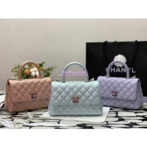 Replica Chanel Coco Flap Bag with Top Handle in Iridescent Grained Calfskin with Gradient Lacquered Metal 92990 Light Blue (Limited)