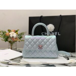 Replica Chanel Coco Flap Bag with Top Handle in Iridescent Grained Calfskin with Gradient Lacquered Metal 92990 Light Blue (Limited) 2