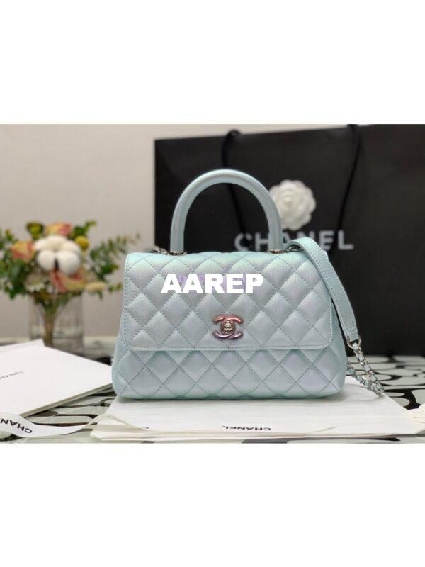 Replica Chanel Coco Flap Bag with Top Handle in Iridescent Grained Calfskin with Gradient Lacquered Metal 92990 Light Blue (Limited) 5