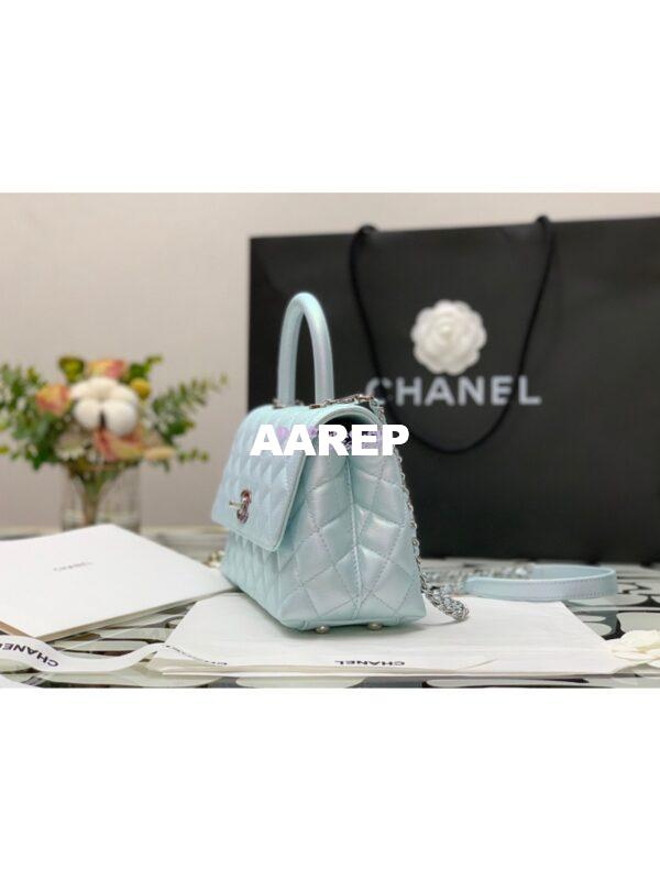 Replica Chanel Coco Flap Bag with Top Handle in Iridescent Grained Calfskin with Gradient Lacquered Metal 92990 Light Blue (Limited) 6