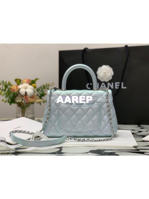 Replica Chanel Coco Flap Bag with Top Handle in Iridescent Grained Calfskin with Gradient Lacquered Metal 92990 Light Blue (Limited) 10