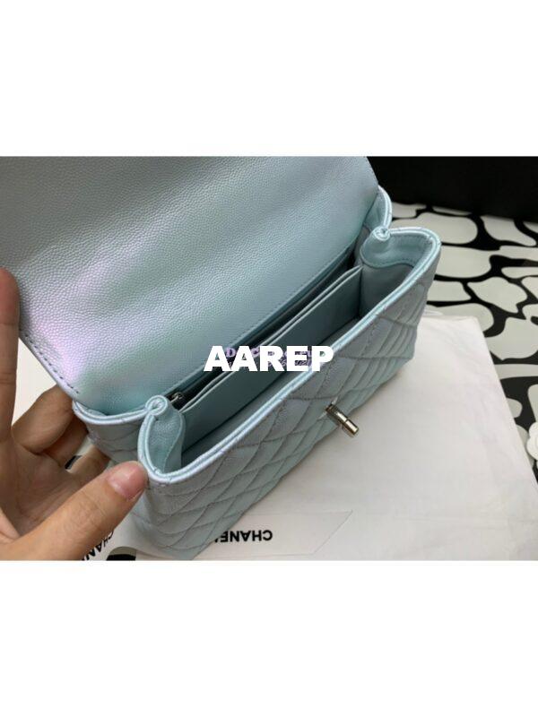 Replica Chanel Coco Flap Bag with Top Handle in Iridescent Grained Calfskin with Gradient Lacquered Metal 92990 Light Blue (Limited) 11