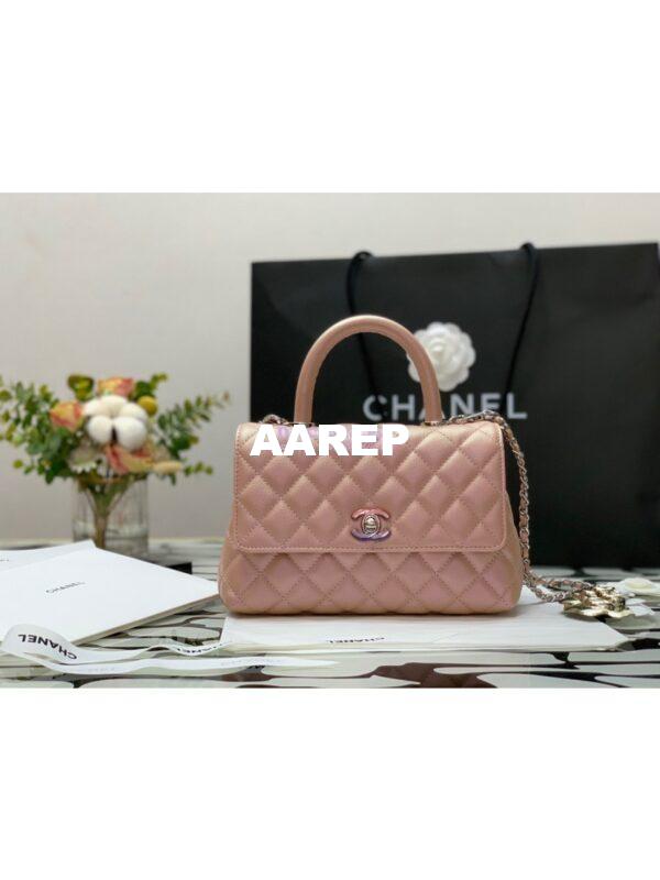Replica Chanel Coco Flap Bag with Top Handle in Iridescent Grained Calfskin with Gradient Lacquered Metal 92990 Light Pink (Limited) 3