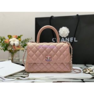 Replica Chanel Coco Flap Bag with Top Handle in Iridescent Grained Calfskin with Gradient Lacquered Metal 92990 Light Pink (Limited) 2