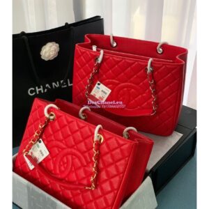 Replica Chanel GST Grand Shopping Tote Caviar Leather Gold/Silver Chain Bag Red