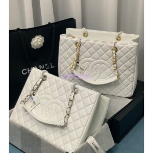 Replica Chanel GST Grand Shopping Tote Caviar Leather Gold/Silver Chain Bag White